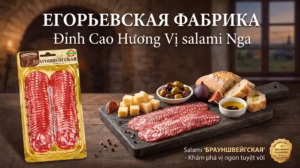 Salami thái lát Braunschweig Egoryevskaya KGF 100g Vân mỡ và thớ thịt của Salami thái lát Braunschweig Nga