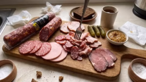 Top 10 Thực Phẩm Nga Nên Thử 1 Lần Trong Đời Xúc xích Salami Toscana Blizhnie Gorki cắt lát màu sắc tự nhiên tươi ngon