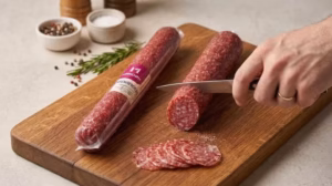 Salami Mikoyanovsk 600g Lát cắt Salami Mikoyanovsk 600g màu đỏ đẹp mắt xen mỡ trắng tự nhiên