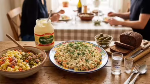 Cách Làm Salad Nga Chuẩn Vị Với Công Thức Salad Olivier Truyền Thống Các nguyên liệu chính gốc làm salad Nga gồm xúc xích và sốt mayonnaise Nga