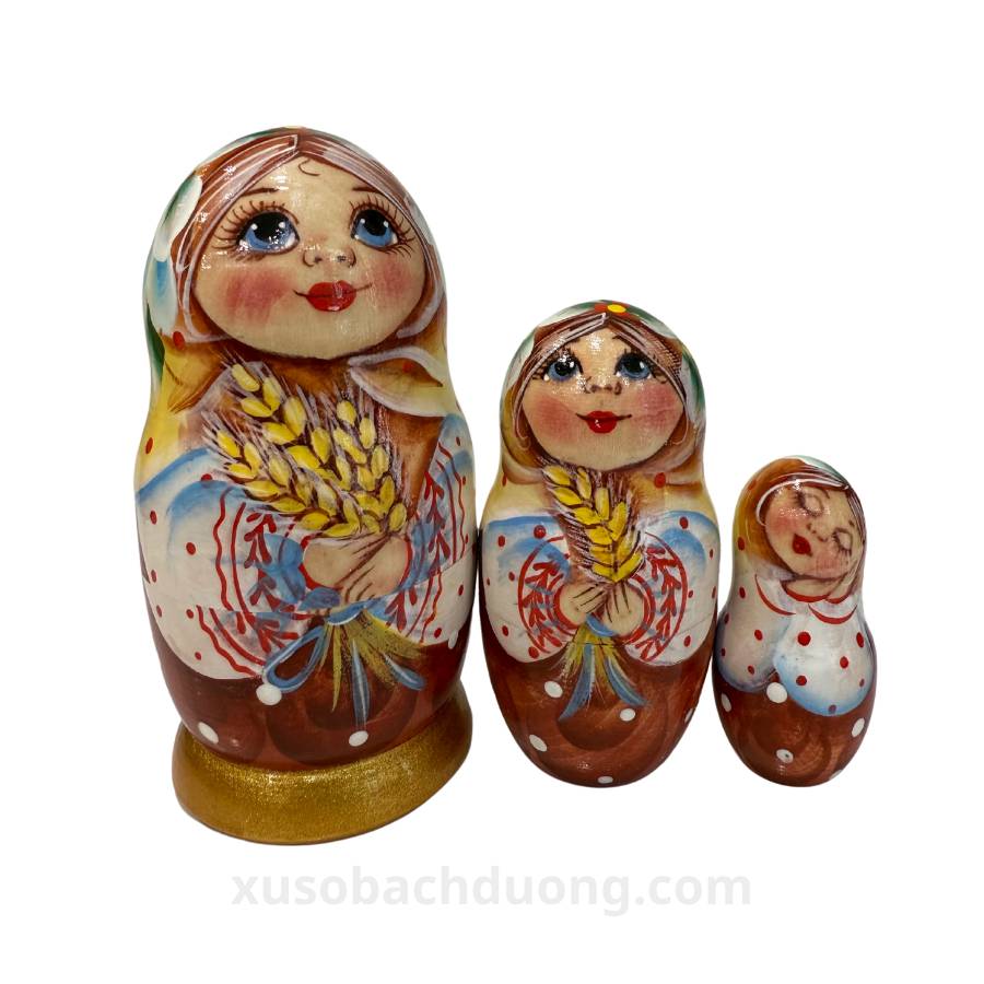 Búp bê gỗ Matryoshka cầm lúa bộ 3 con